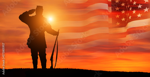 Civil war soldier with USA flag. Greeting card for Veterans Day , Memorial Day, Independence Day . America celebration. 3d illustration