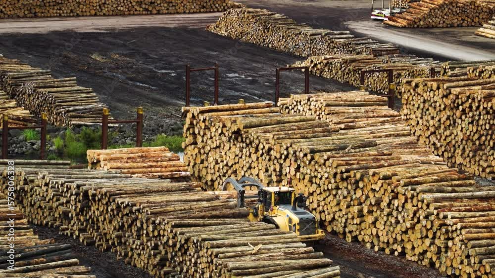 Heavy equipment moving logs in storage area, view from above