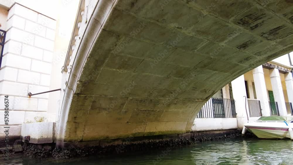Gondola Passing Under The Bridge In Venice, Italy. POV Gondola Passing Under The Bridge In Venice, Italy. POV
