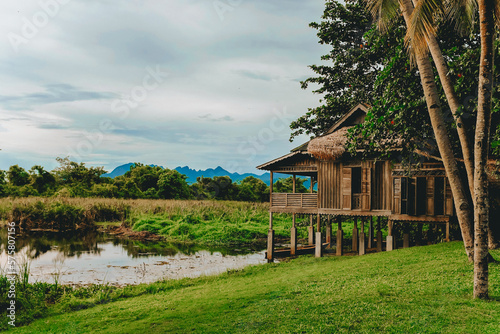 Traditional Malay house on lake