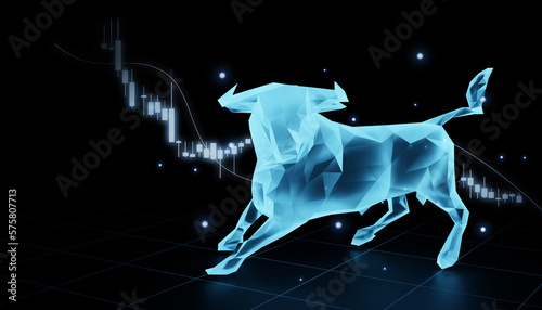 concept of bull or bullish divergence stock market exchange or financial polygon bull. futuristic element background. bull or bullish divergence stock market background. bull 3d illustration render photo