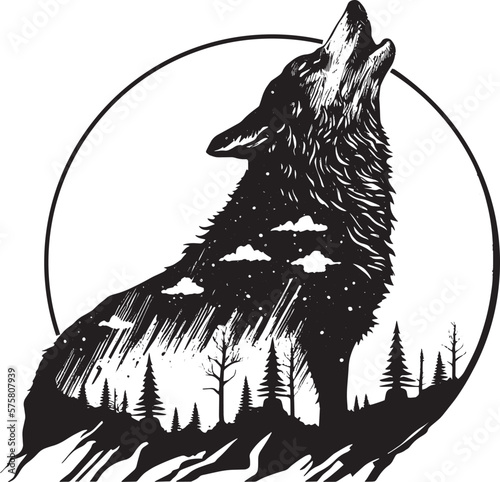 howling wolf illustration, howling wolf vector, howling wolf, black and white howling wolf illustration