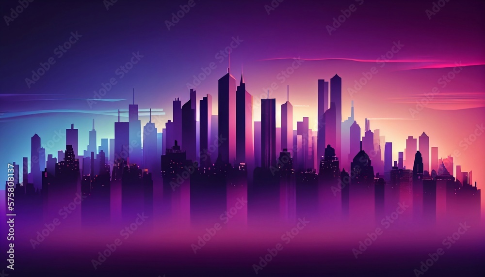 A gradient background that gradually fades from blue to purple. The foreground of the image is a city skyline, with various buildings and skyscrapers silhouetted against the gradient background.