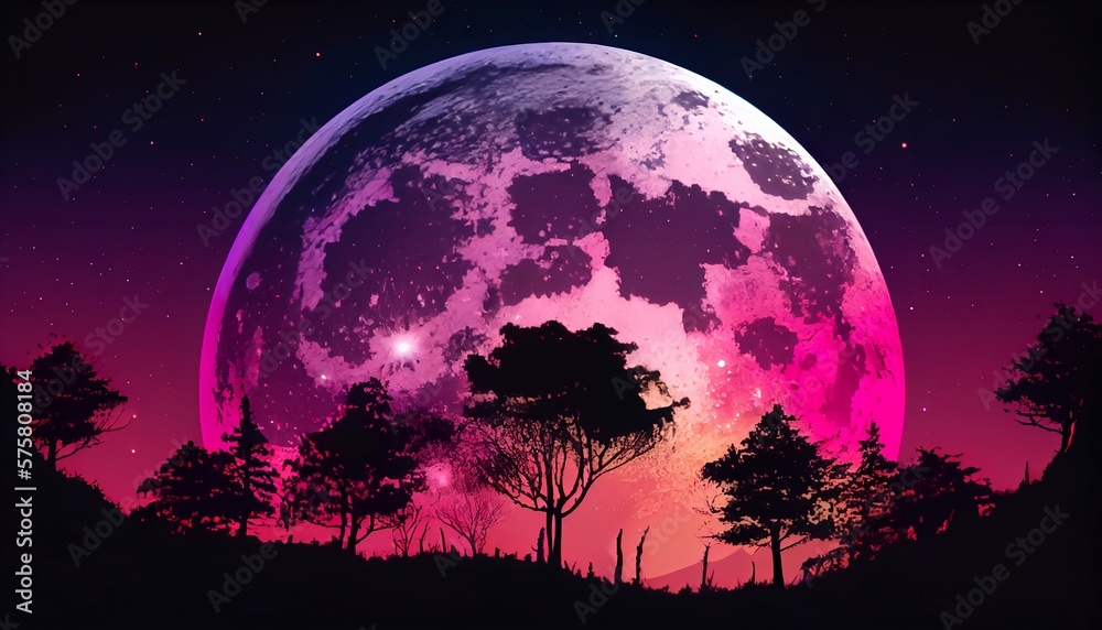 A gradient background that fades from a deep shade of purple to a light shade of pink. In the foreground, there is a large, full moon that dominates the image.