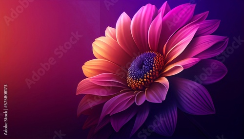A gradient background that transitions from pink to purple, providing a soft and dreamy atmosphere. In the foreground of the image, there is a single flower, which stands out against the background.