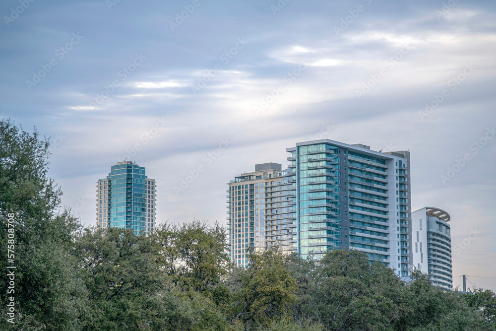 Views of Austin, Texas cityscape from Butler Metro Park with trees at the front. Business and residential buildings with glass exterior against the cloudy sky background.
