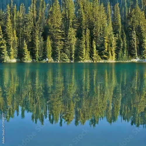 Reflection of trees in the lake  abstract illustration  painting  prone to unsplash  anamorphic widescreen  ray tracing reflection  tall pines   generative art created with generative AI technology.
