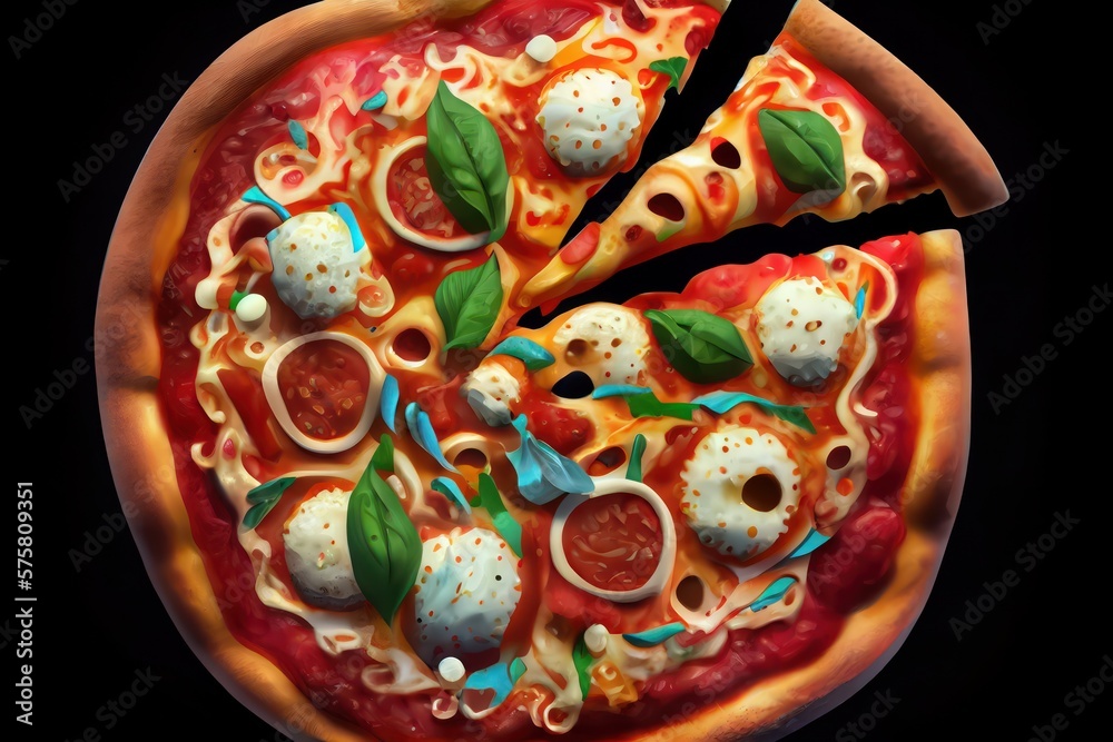 Pizza illustration isolated on lack background. Generative AI