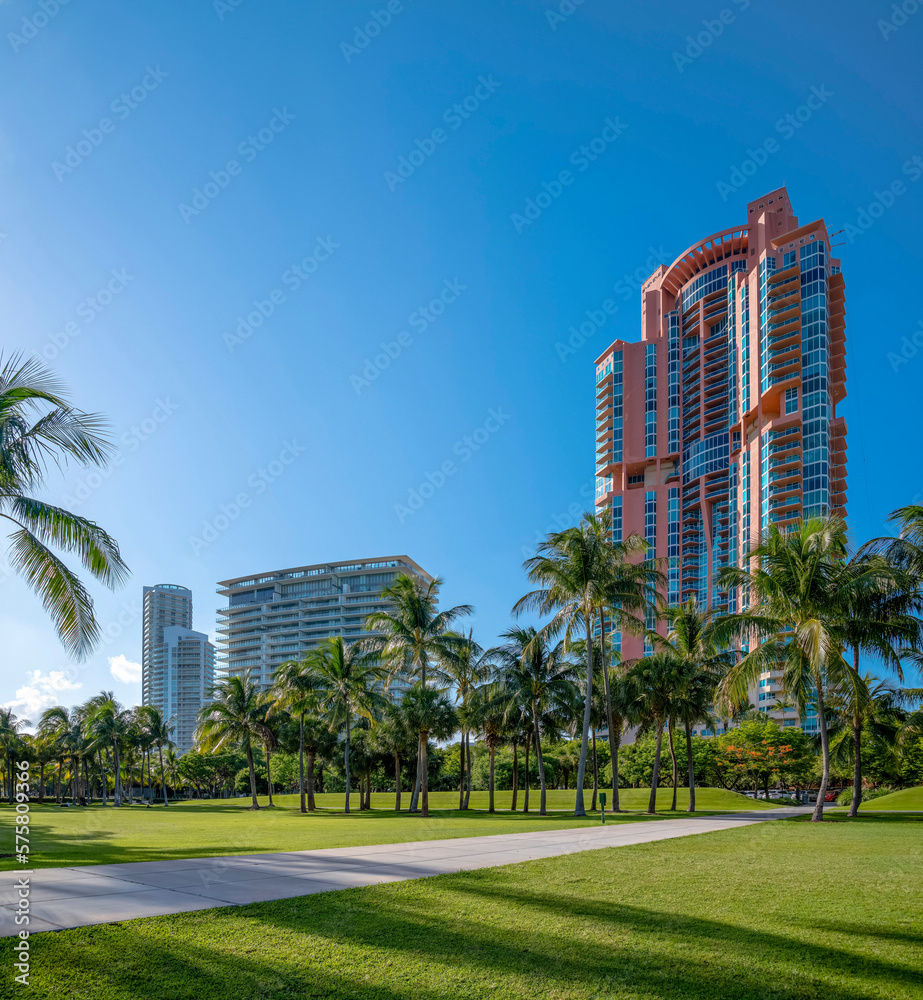 Miami, Florida- Modern apartments against the clear blue sky views from a park. There is a park at the front with coconut trees and concrete path in the middle of a green lawn. Miami, Florida- Modern apartments against the clear blue sky views from a park. There is a park at the front with coconut trees and concrete path in the middle of a green lawn.