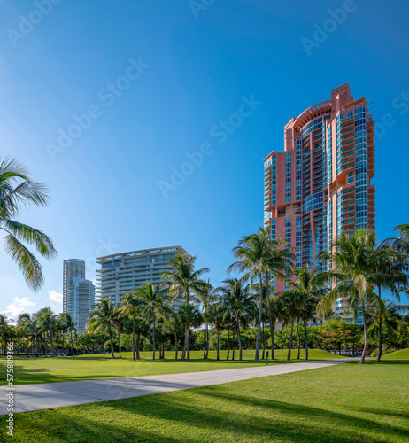 Miami, Florida- Modern apartments against the clear blue sky views from a park. There is a park at the front with coconut trees and concrete path in the middle of a green lawn. © Jason