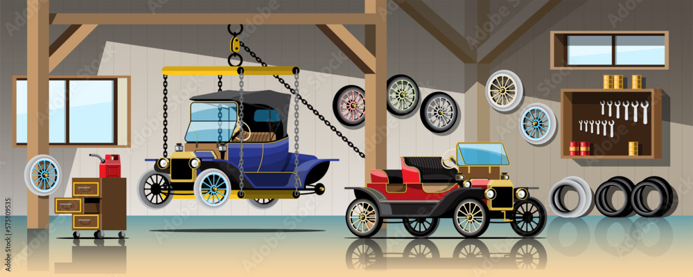 Vintage car waiting for repair and maintenance service  vector illustration.