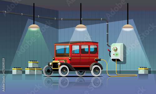Electric Car Vintage style Charging in Garage power station