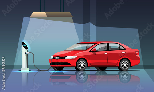Electric  automobile modern Car is Charging in Garage power station