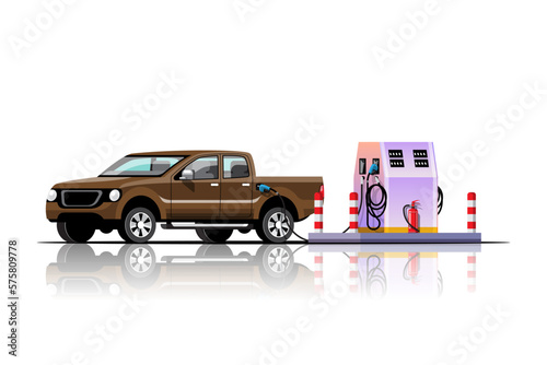 The pick up is filling up at the gas station vector illustration