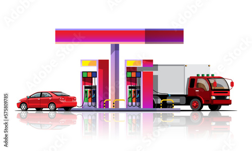 Automobile and truck filling up at the gas station vector illustration