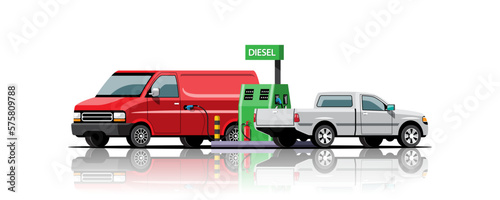 Van and pick-up car filling up at oil station vector illustration