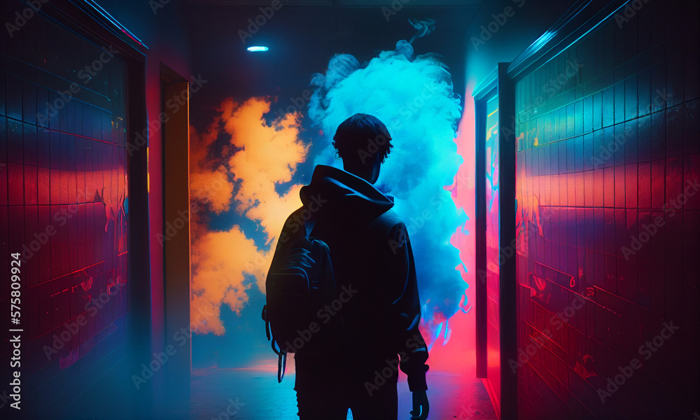 Male teen with smoke and neon
