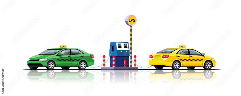 Naklejka premium Taxi filling up energy at gas station vector illustration