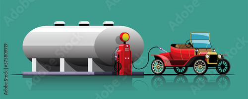 Vintage Car filling up at oil tank vector illustration
