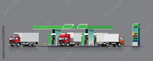 Fuel tranker truck filling up at oil station vector