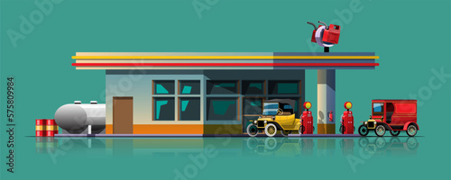 vintage cars waiting to filling up at oil station vector