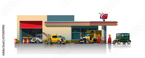 vintage cars waiting to filling up at oil station vector