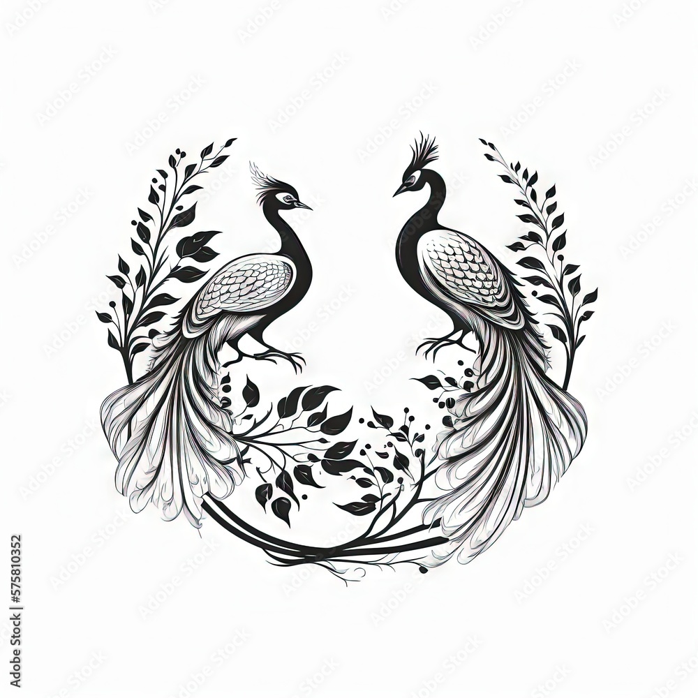 Obraz premium two peacocks black and white 2D minimalist luxury logo vector logo on white background Generative AI