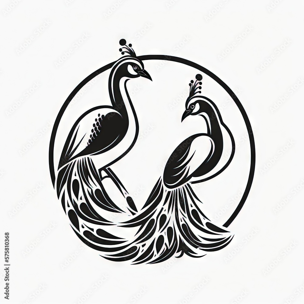 Fototapeta premium two peacocks black and white 2D minimalist luxury logo vector logo on white background Generative AI
