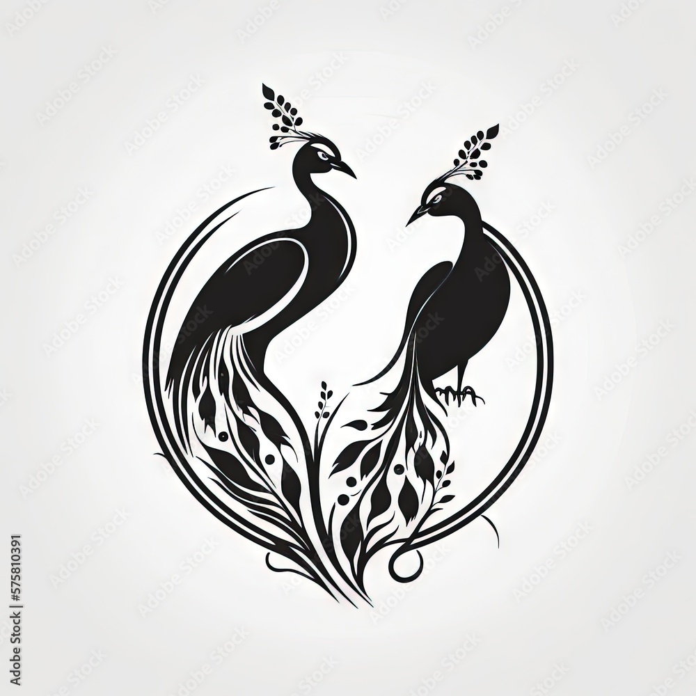 Fototapeta premium two peacocks black and white 2D minimalist luxury logo vector logo on white background Generative AI