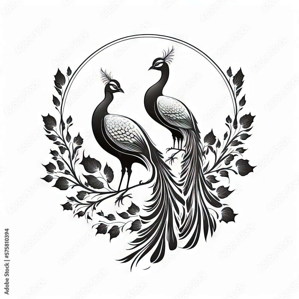 Naklejka premium two peacocks black and white 2D minimalist luxury logo vector logo on white background Generative AI