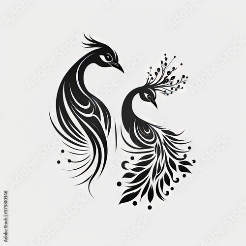 two peacocks black and white 2D minimalist luxury logo vector logo on white background Generative AI © Whitefeather