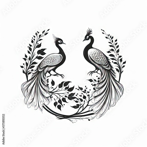 two peacocks black and white 2D minimalist luxury logo vector logo on white background Generative AI