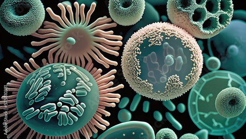 Macro close up shot of bacteria and virus cells in a scientific laboratory petri dish. Generative ai