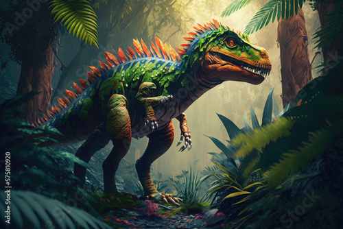 The colorful design of a dinosaur, leaves, forest, lush, green, colors, dinosaurs, fantasy, scifi, science, fiction, © Bernice