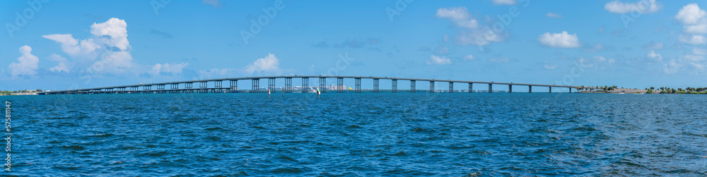 Miami Beach, Florida- Panorama of William M Powell Bridge at intracoastal waterway in Biscayne Bay. Seascape with bridge against the sky on a sunny day.