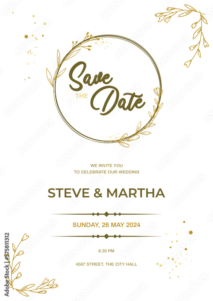 Obraz premium Minimalist wedding invitation template with gold hand drawn floral