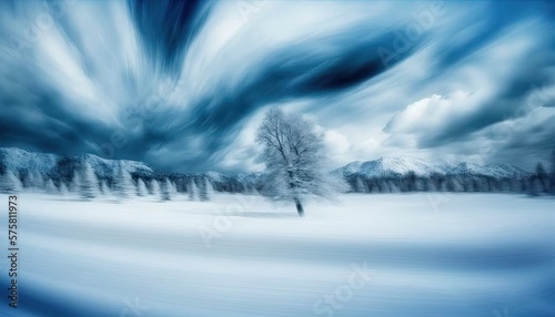 Abstract winter landscape artwork. Swirling illustration snow and trees. Wallpaper background.