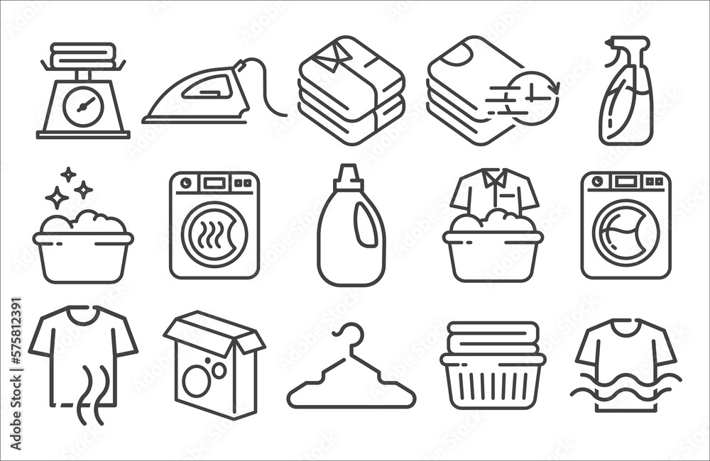 Laundry linear icon set. Dryer, Washing machine shirt, hand washing, soap, detergent, iron, laundry service icon set. Linear icon set. Vector illustration - obrazy, fototapety, plakaty 