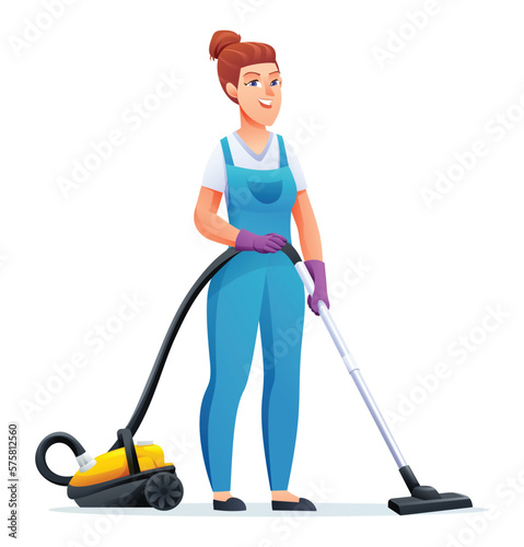Cleaning service woman with vacuum cleaner. Female janitor cartoon character
