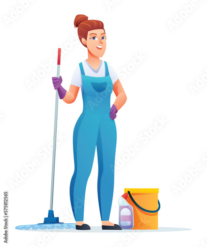Cleaning service woman with mop and bucket. Female janitor cartoon character