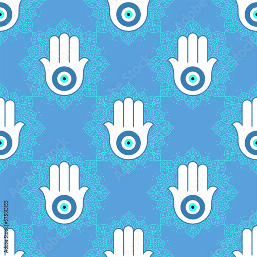 Background with ornate  hamsa, obereg against the evil eye and spoilage.