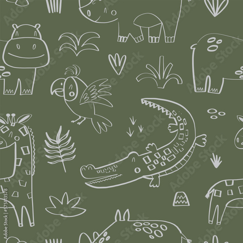 Seamless childish pattern with cute African animals in doodle style. Vector illustration for your design