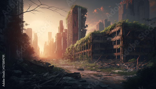 Ai artwork of a city now overgrown after the apocolypse. Generative ai.