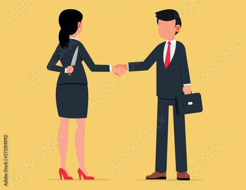 Treacherous deal, Hiding killer concept. Business woman and man standing together and shaking each other hands while one holding knife behind back.