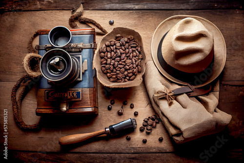 A Top-Down View of a Perfectly Crafted Cup of Coffee and Coffee-Making Essentials on a Wooden Table