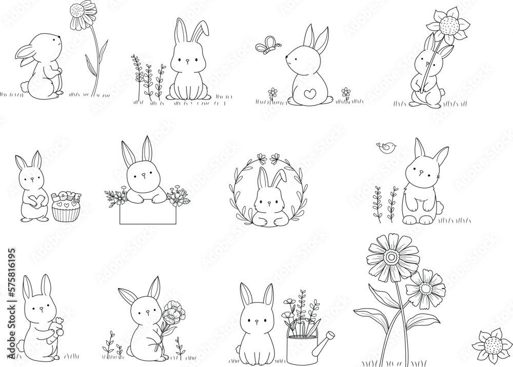 Fototapeta premium Big set rabbit bunny animal cartoon with flower hand drawn,doodle,line art style Cute cartoon funny character. Pet collection. Flat design Baby background.vector illustration