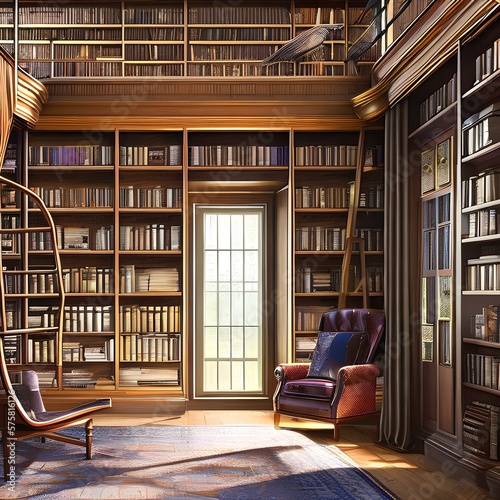 18. A home library with a ladder, a comfortable chair, and floor-to-ceiling book shelves.2, Generative AI