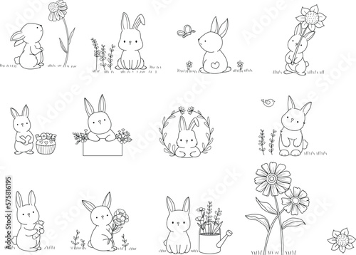 Big set rabbit bunny animal cartoon with flower hand drawn,doodle,line art style Cute cartoon funny character. Pet collection. Flat design Baby background.vector illustration
