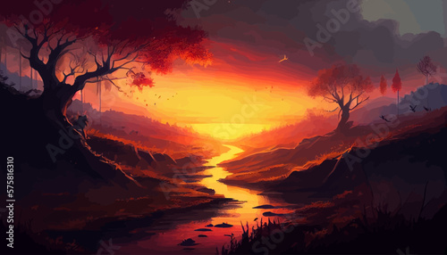Sunset river background landscape illustration vector graphic © ArtMart