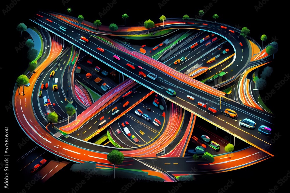Expressway top view, Road traffic an important infrastructure . Generative AI illustrations. Expressway top view, Road traffic an important infrastructure . Generative AI illustrations.